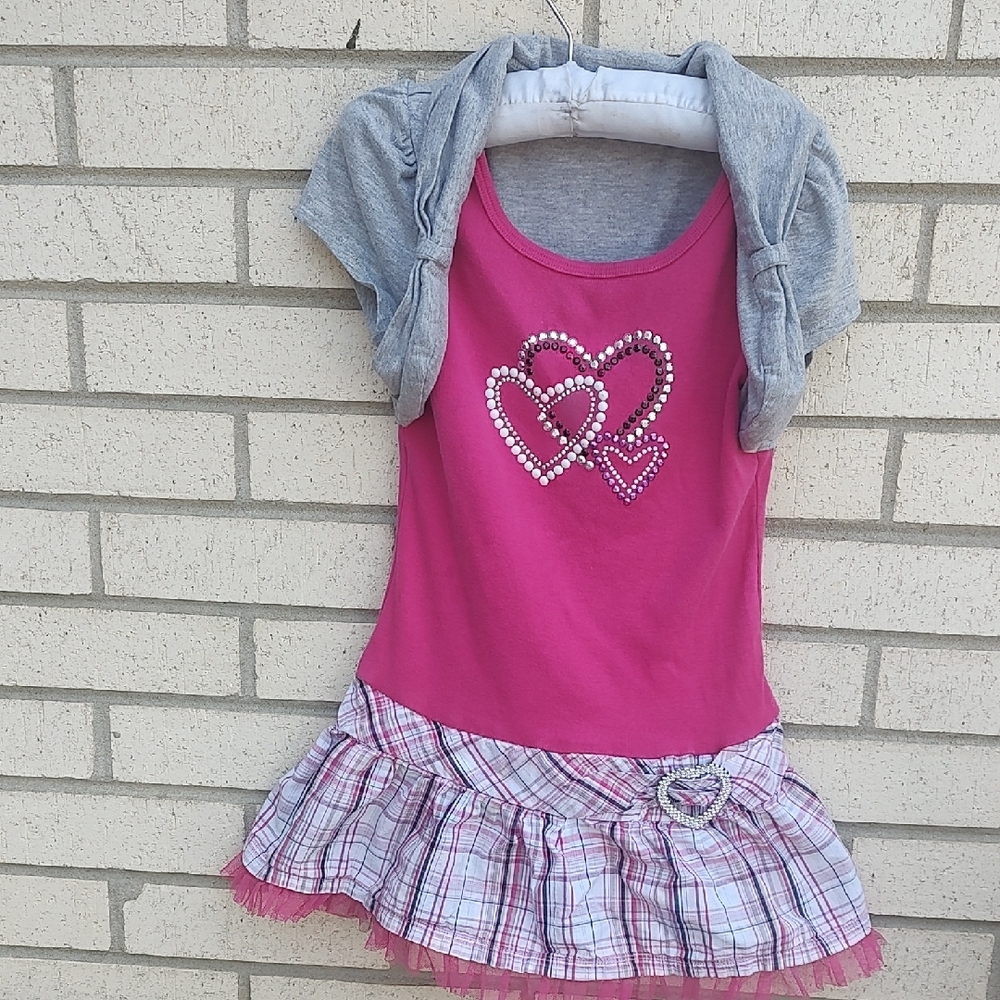 Pink Dress with Heart Design and Plaid Skirt